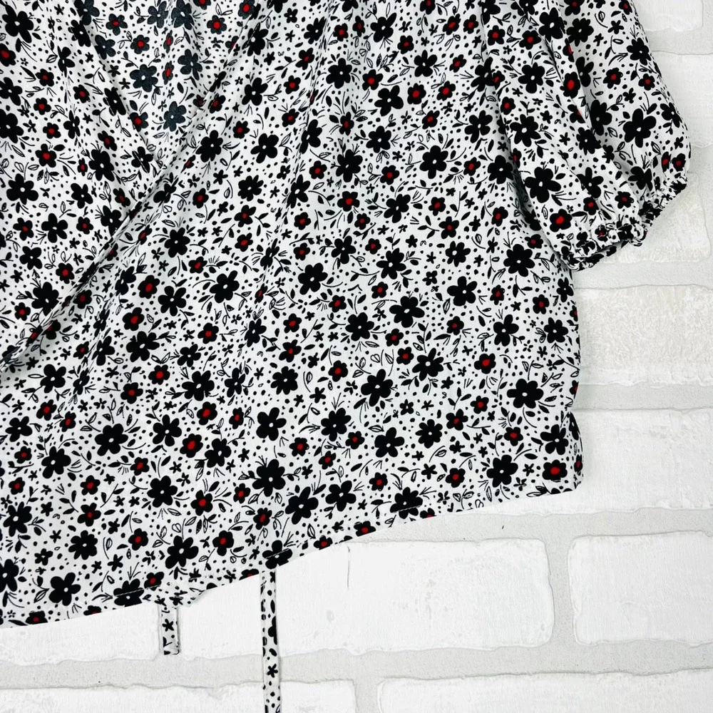 Zara Womens Floral Wrap Top White Black Red Ditsy Puff Sleeve Blouse Medium